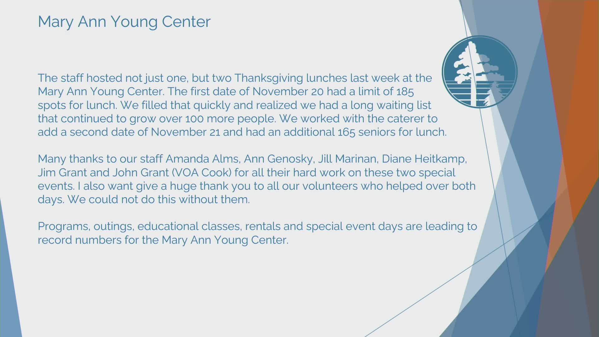 Senior Center hosts record-breaking Thanksgiving luncheons serving over 350 meals in two days