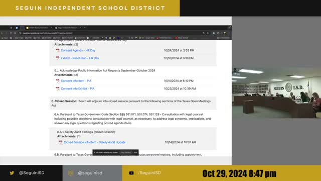 Seguin ISD board approves consent agenda and personnel actions, postpones athletic complex naming