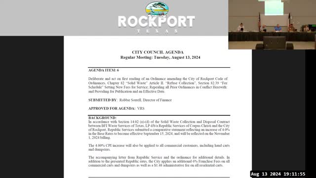 At a glance: Rockport council approves solid‑waste rate change, zoning map change, CVB board, tree fund rule and other routine measures