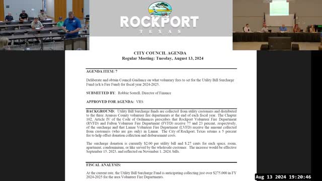 Rockport council directs staff to raise voluntary fire fund charge on utility bill to $3 and monitor opt‑outs