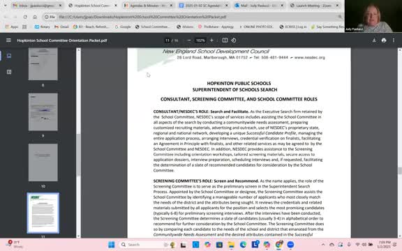 Hopkinton School Committee names liaisons, sets screening committee structure for superintendent search