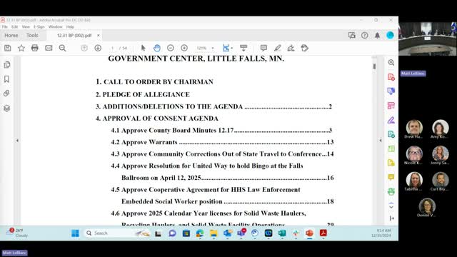 Morrison County board approves consent agenda; administrator reports on Sourcewell ballot and closed-session evaluation