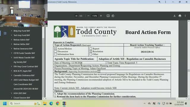 Todd County adopts planning commission‑recommended cannabis rules, sets $300 penalty for unauthorized temporary events