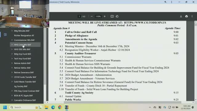 Todd County approves year‑end warrants, budget amendments and fund transfers