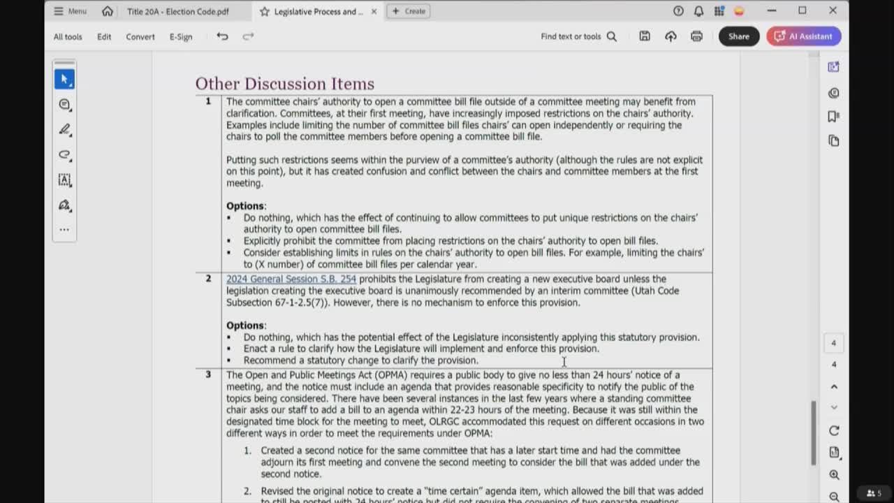 Committee debates limits on chairs’ authority to open bill files but takes no formal action