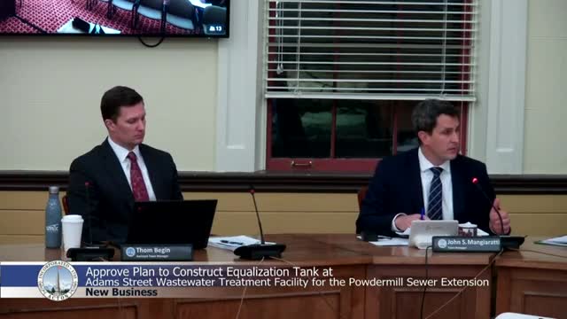 Select Board approves plan for 300,000‑gallon equalization tank at Adams Street wastewater plant to support Powder Mill sewer extension