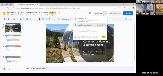 Lake County planners present draft sign code rewrite; commission flags content‑neutrality, vehicle signs and illumination for further work
