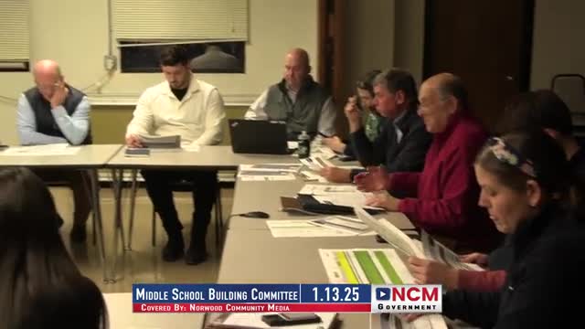 Town finance presentation: Norwood middle‑school project tracking with committed budget and possible end‑of‑project surplus; turf and reappropriation options to