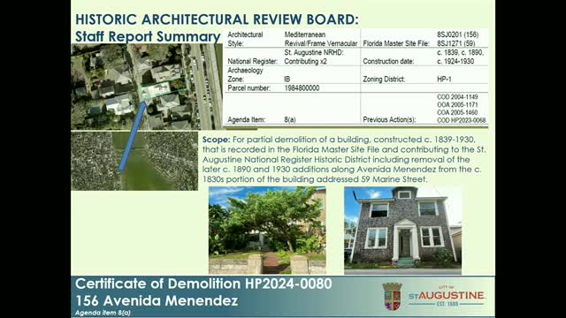 HARB approves partial demolition at 156 Avenida Menendez to reveal 1839 core; demolition conditioned on salvage