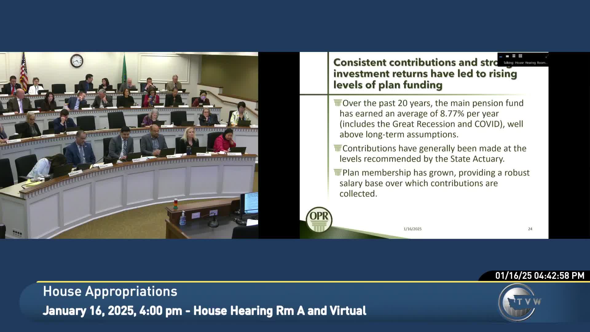 Presenter says state retirement plans are on track while noting COLA caps, rehiring limits and Social Security changes