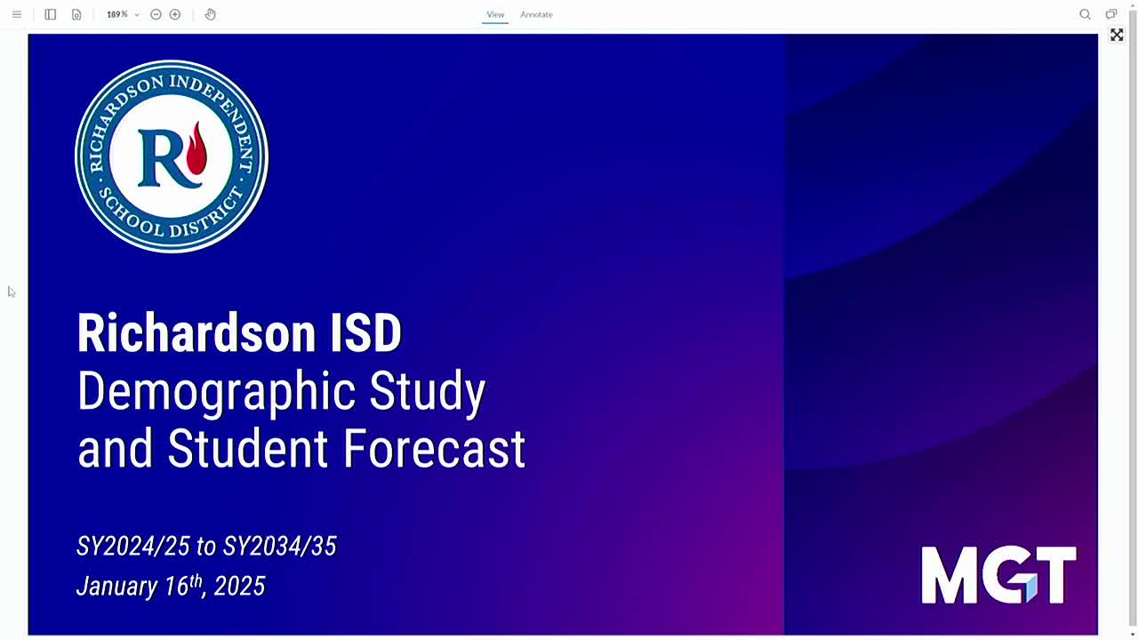 Richardson ISD demographer forecasts modest multi‑year enrollment decline; district told to focus on first 3–5 years
