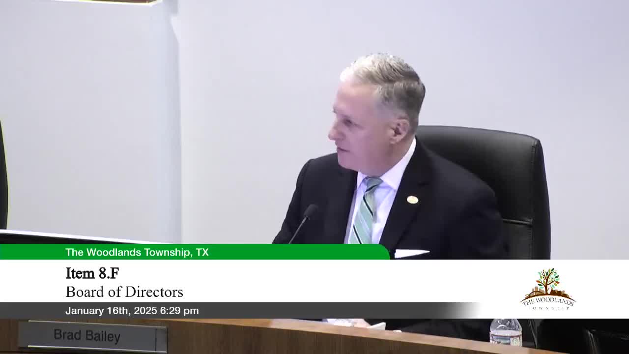 Township approves construction access extension, SH 242 landscape designs and Waterway bridge lights; past‑chair policy fails