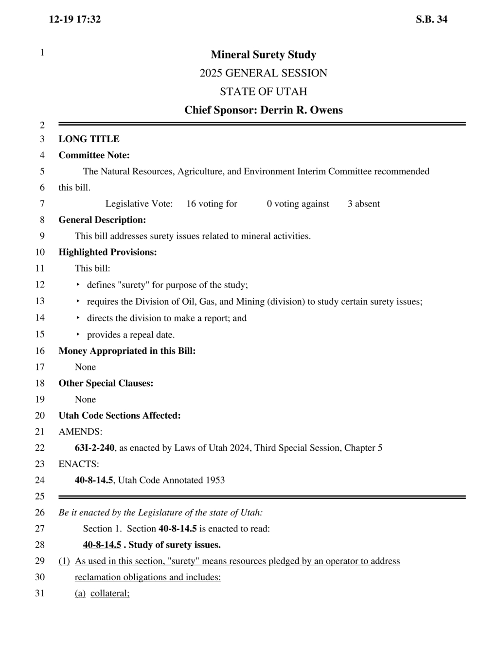 Division to study modernizing surety requirements for operators by October 2025