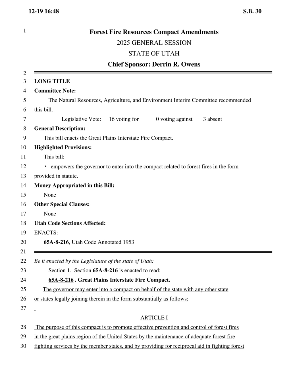 Utah legislature enacts Great Plains Interstate Fire Compact for forest fire management
