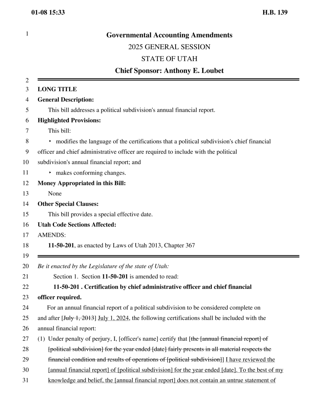 H.B. 139 mandates political subdivisions to certify accurate annual financial reports