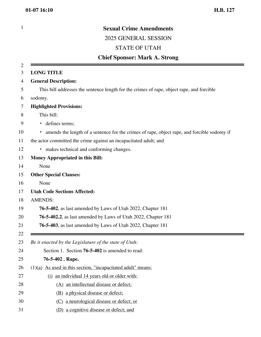 New legislation defines rape and establishes mandatory sentencing guidelines for offenders