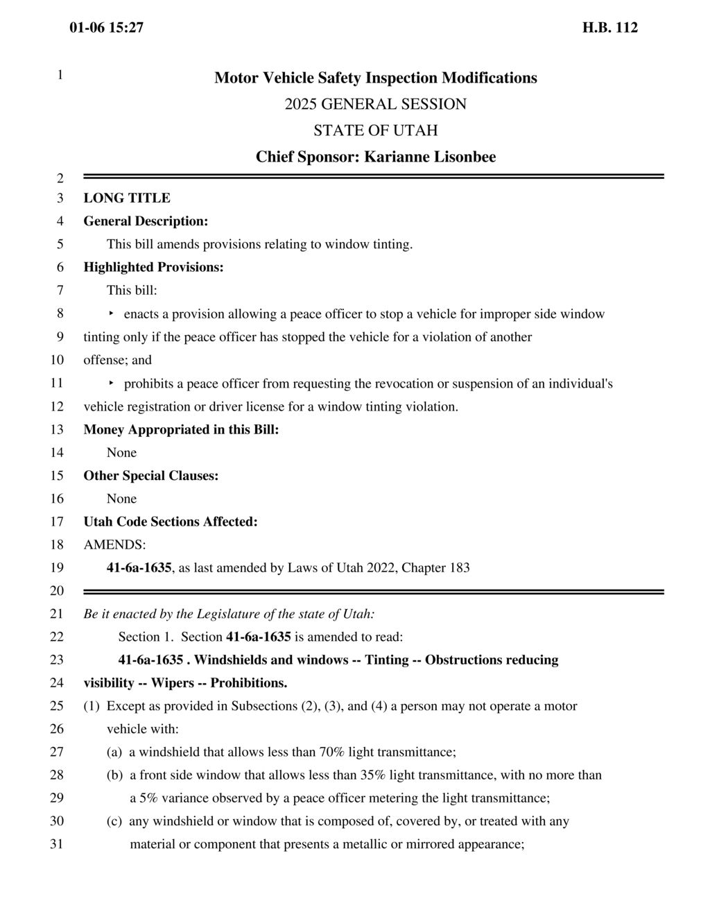 Utah Legislature alters window tinting law limiting officer stops and registration penalties
