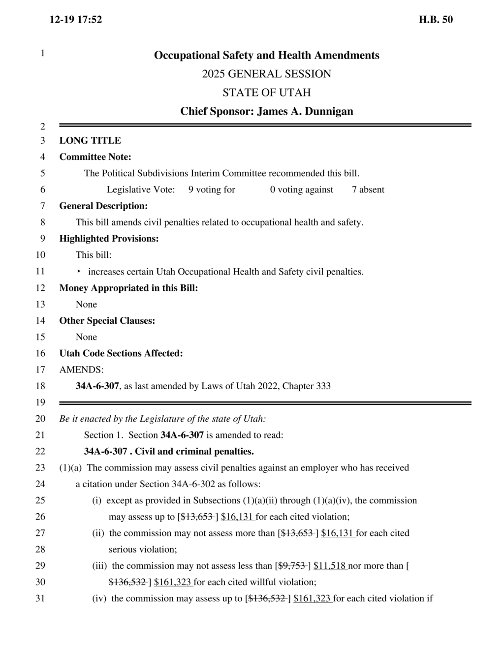 Utah Legislature approves increased civil penalties for occupational health and safety violations