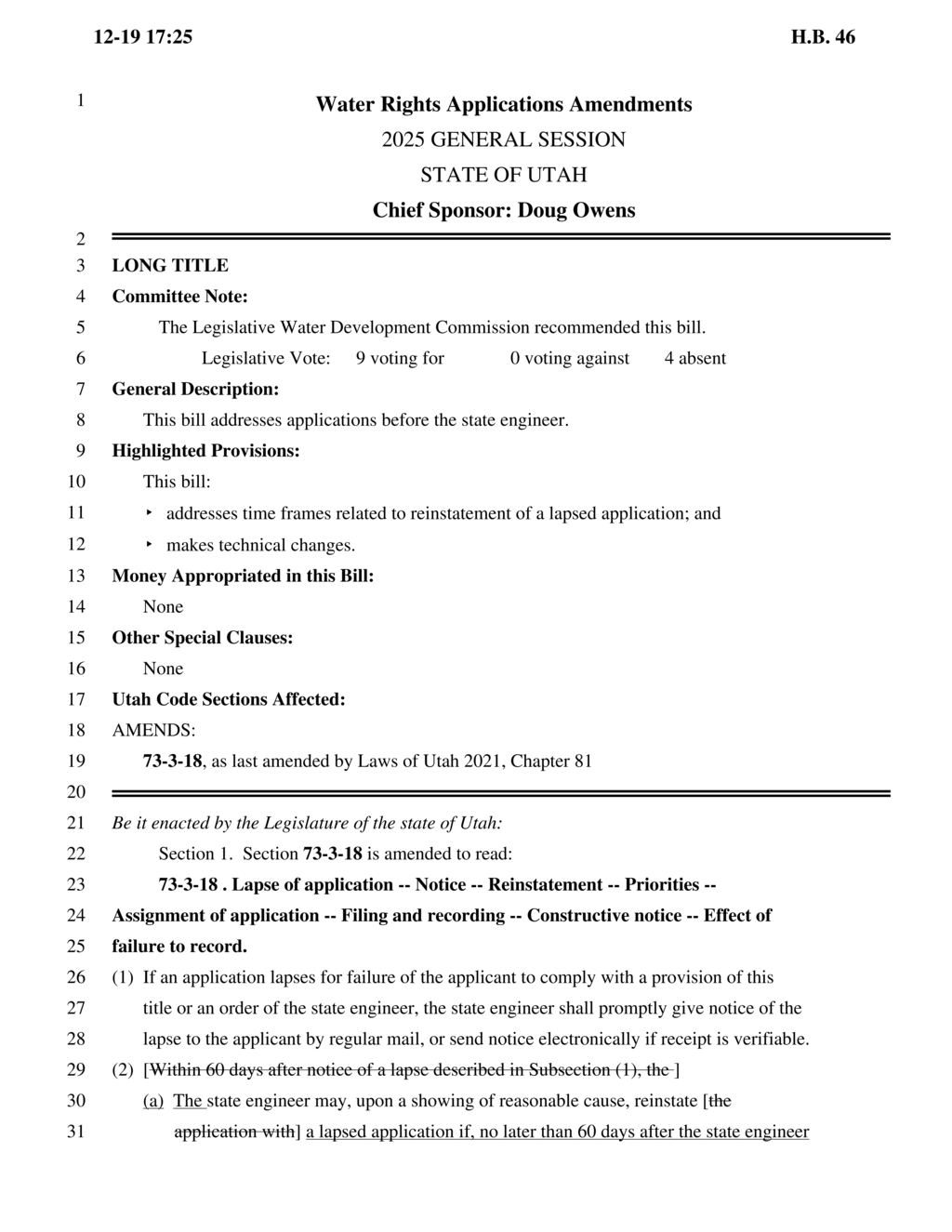 Utah legislature approves amendments to water rights applications under Chief Sponsor Doug Owens