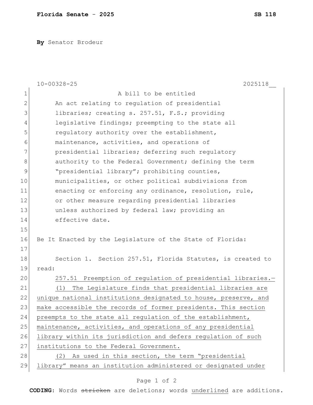Florida Senate passes SB 118 limiting local authority over presidential libraries