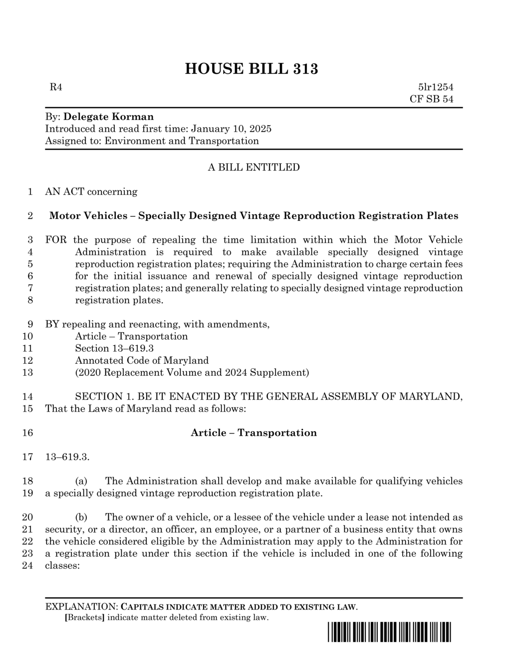Maryland House Bill 313 proposes new rules for vintage vehicle registration plates