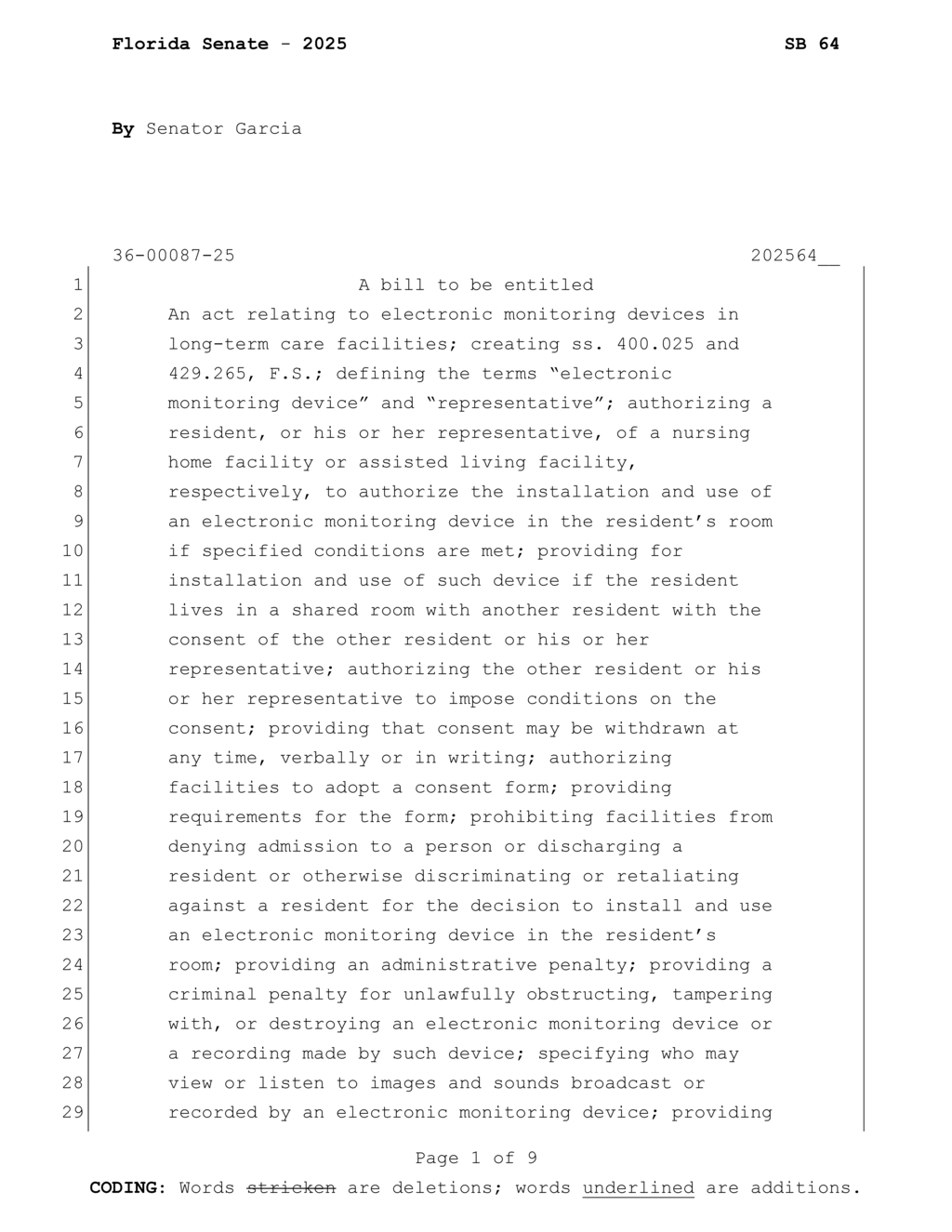 Florida Senate votes on SB 64 to regulate electronic monitoring in assisted living facilities