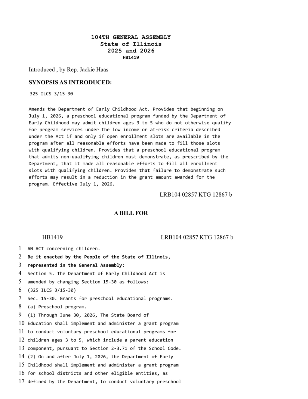 Rep Jackie Haas introduces HB1419 to expand preschool enrollment options in Illinois