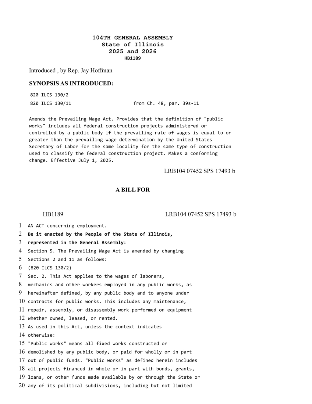 Rep Jay Hoffman proposes HB1189 to expand Illinois Prevailing Wage Act for federal projects