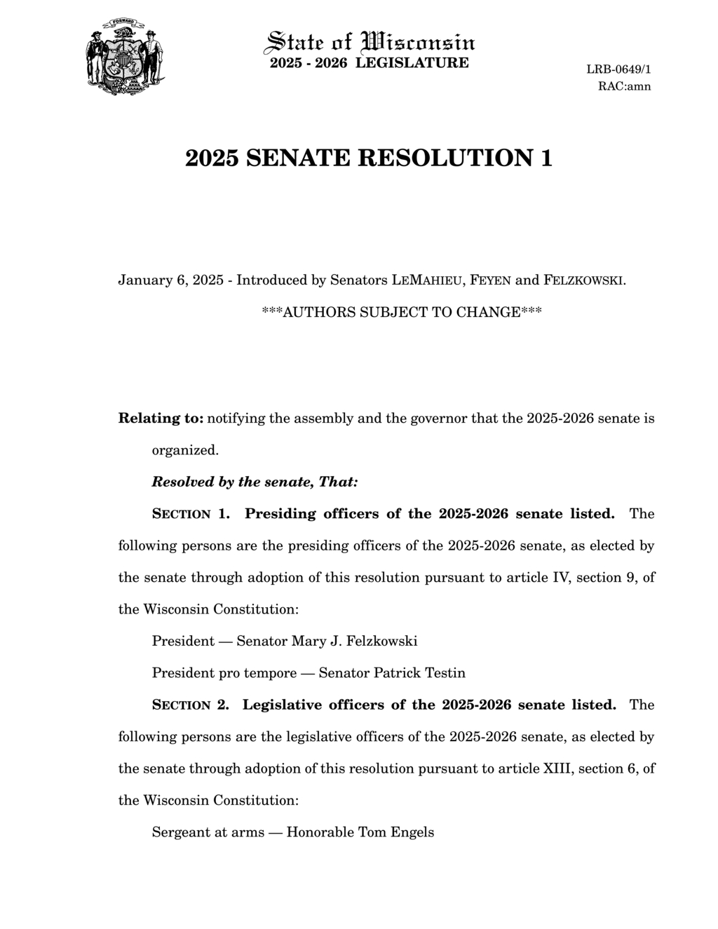 Wisconsin Senate confirms leadership for 2025-2026 session with new party officers