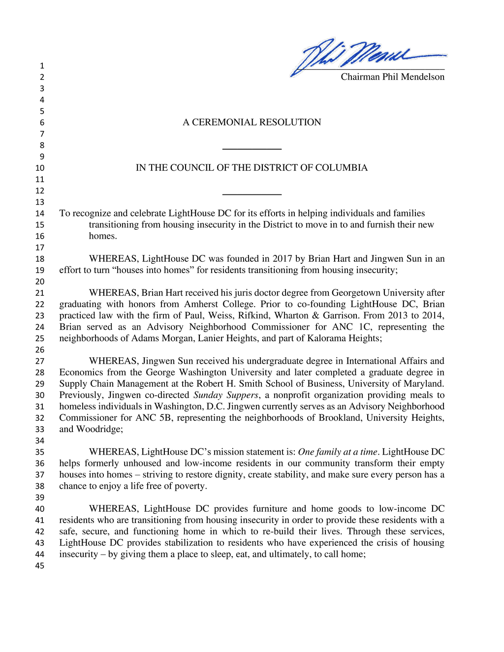 DC Council honors LightHouse DC for community service and impact on housing insecurity