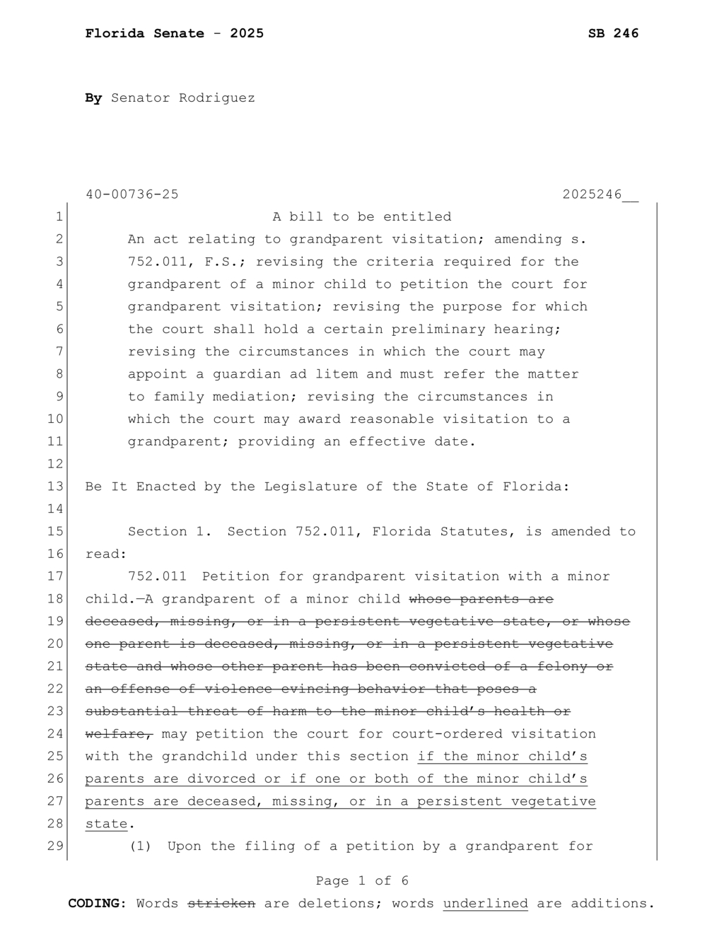 Florida Senate bill evaluates grandparent visitation rights in child custody disputes