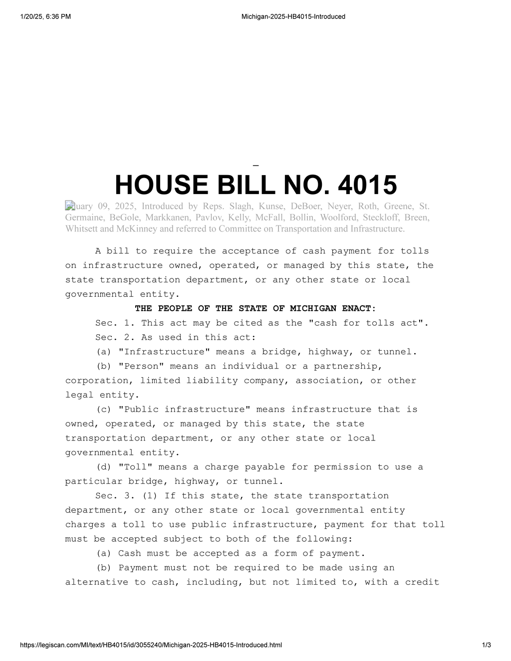 Michigan lawmakers propose cash payment requirement for tolls on public infrastructure