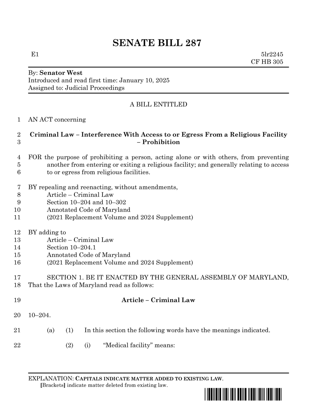 Senator West proposes legislation to protect access to Maryland religious facilities
