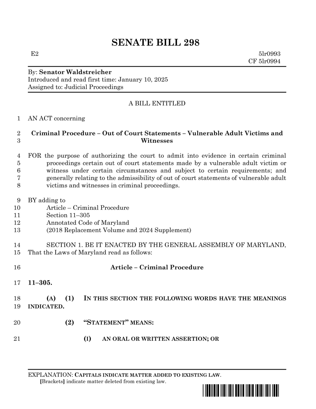 Maryland Senate Bill 298 allows vulnerable adult statements in criminal proceedings