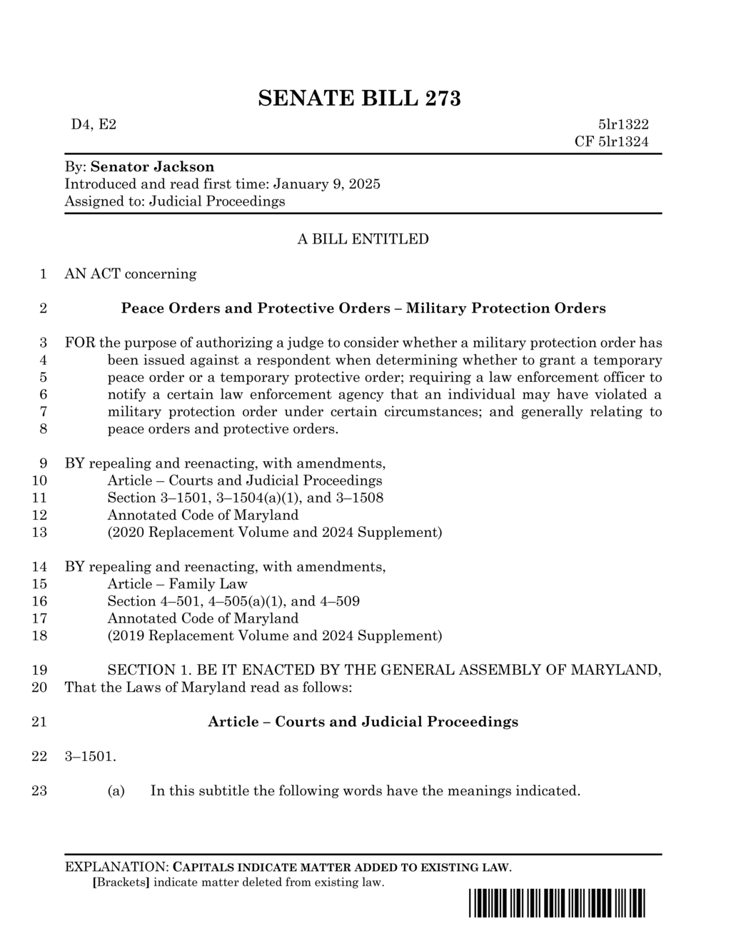 Maryland Senate bill addresses military protection order violations and definitions of abuse