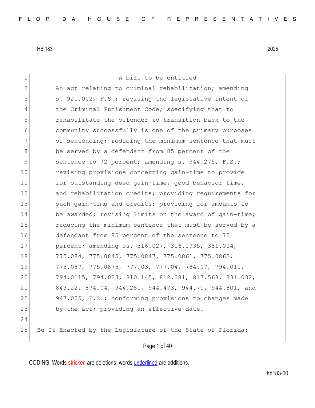 Florida House approves HB 183 providing vocational education and credit incentives for inmates