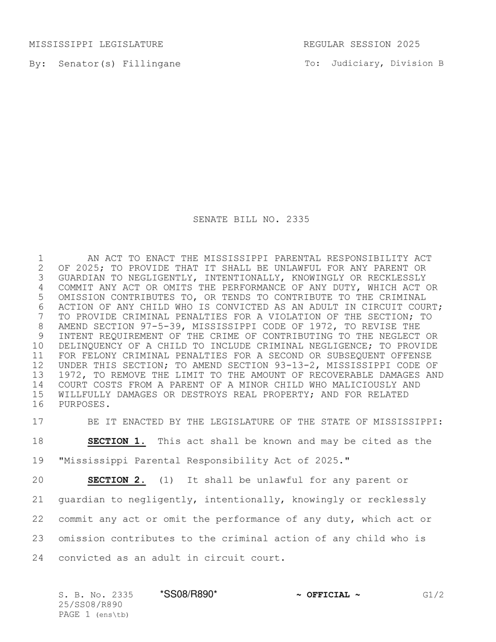 Mississippi Legislature introduces Parental Responsibility Act to hold guardians accountable for juvenile crime
