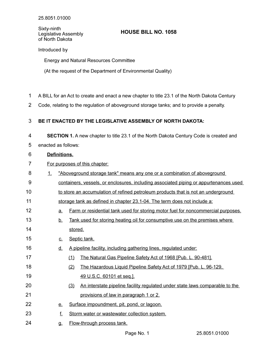 North Dakota Legislative Assembly introduces new regulations for aboveground storage tanks