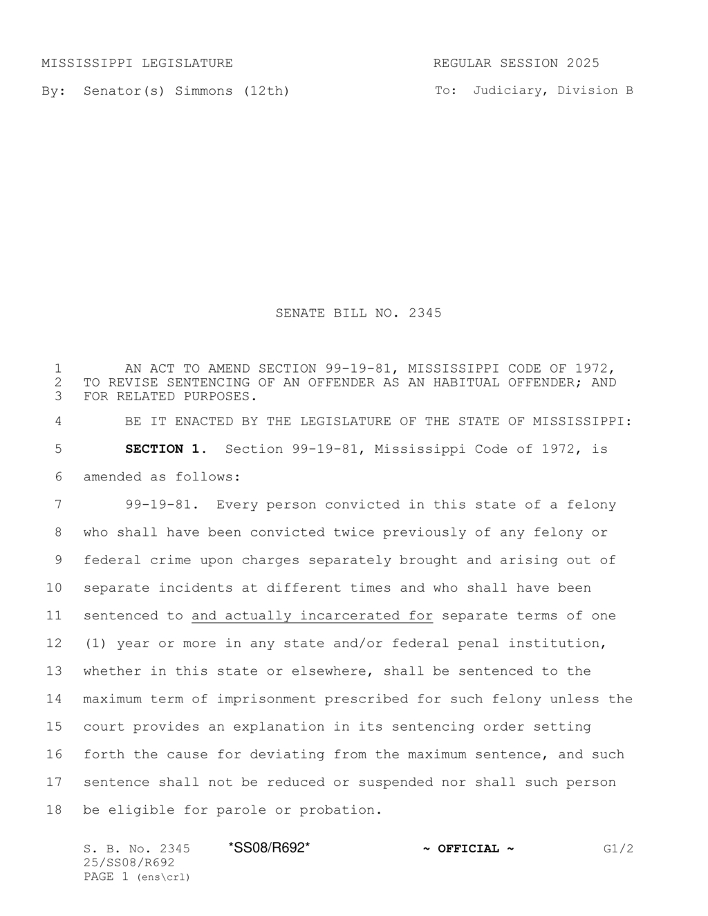 Senator Simmons introduces bill to tighten habitual offender sentencing in Mississippi