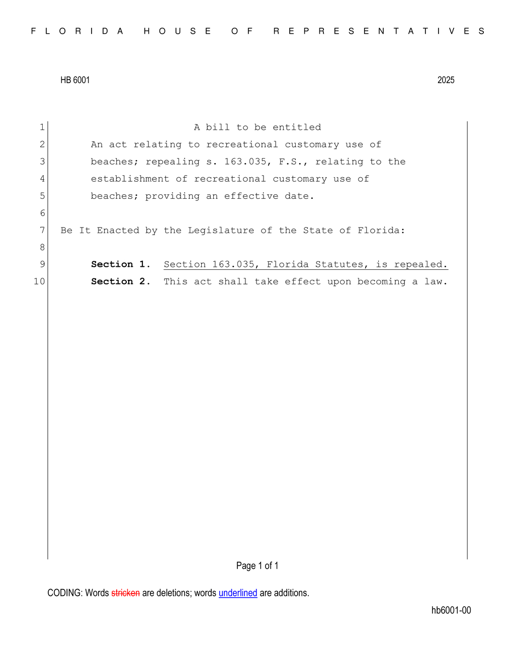 Florida House repeals law on recreational customary use of beaches