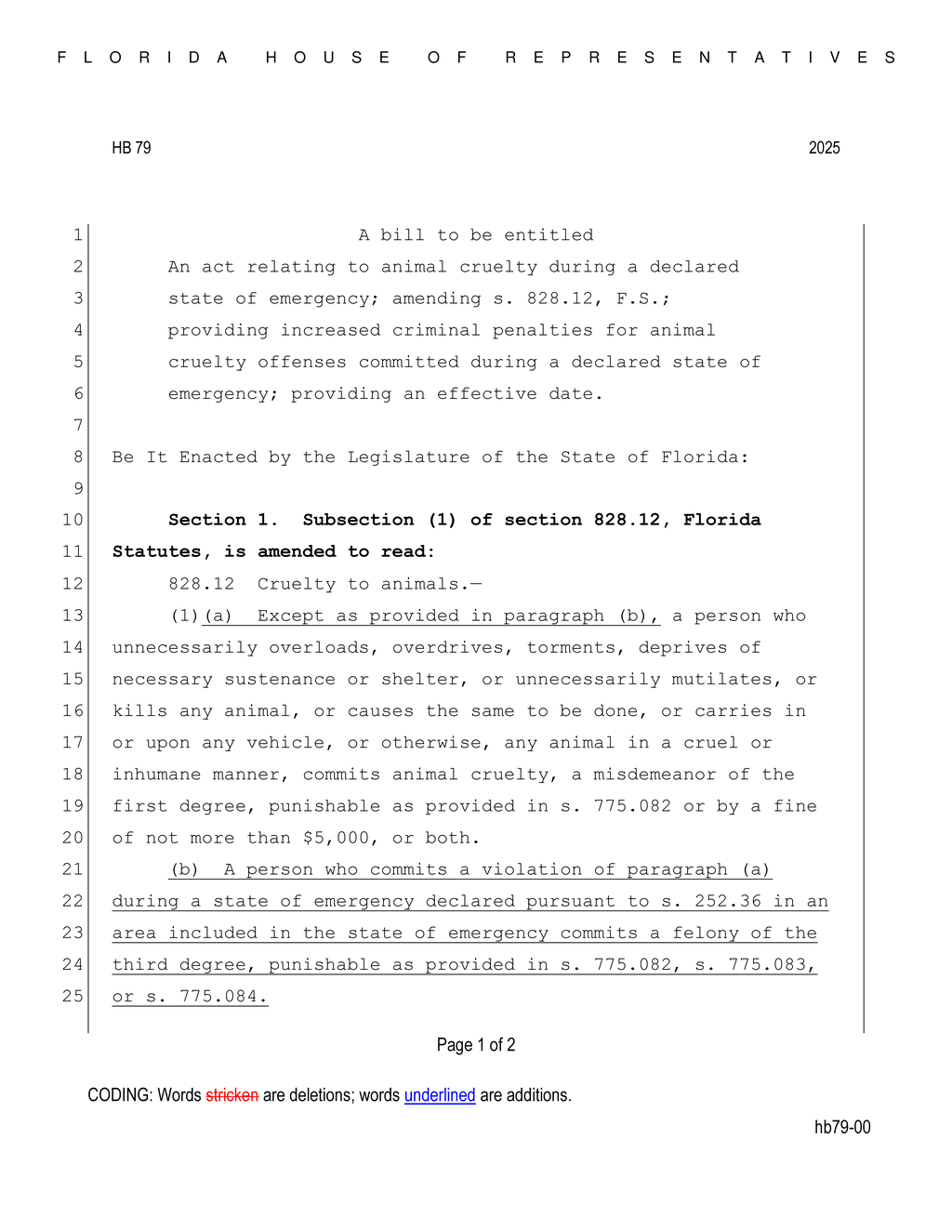 Florida House increases animal cruelty penalties during declared states of emergency