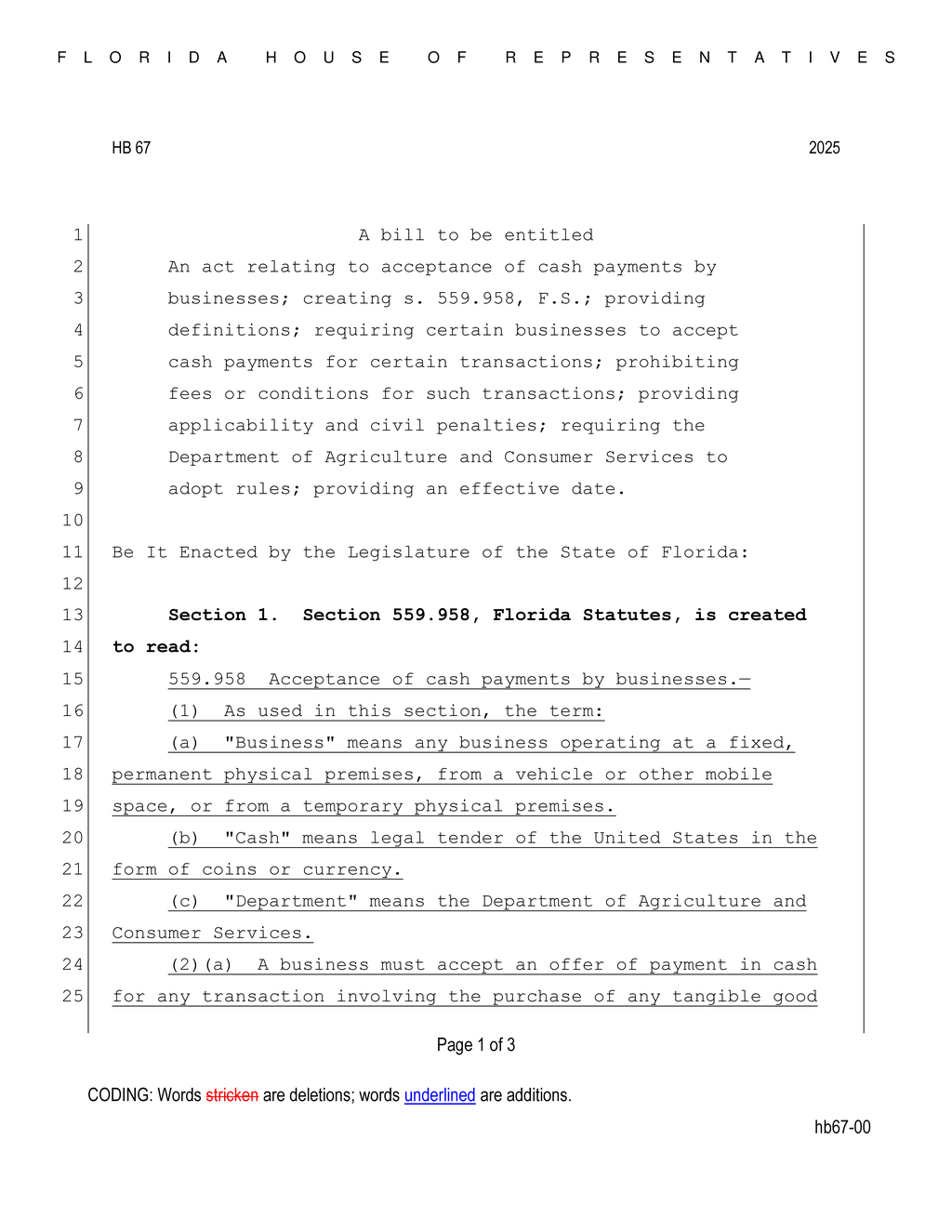 Florida House passes bill requiring businesses to accept cash payments for transactions