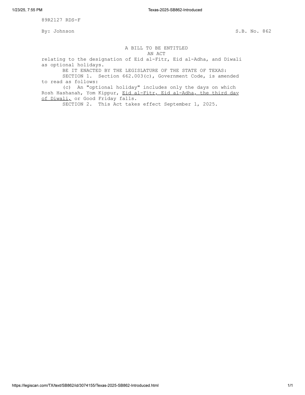 Texas Legislature designates Eid al-Fitr Eid al-Adha and Diwali as optional holidays