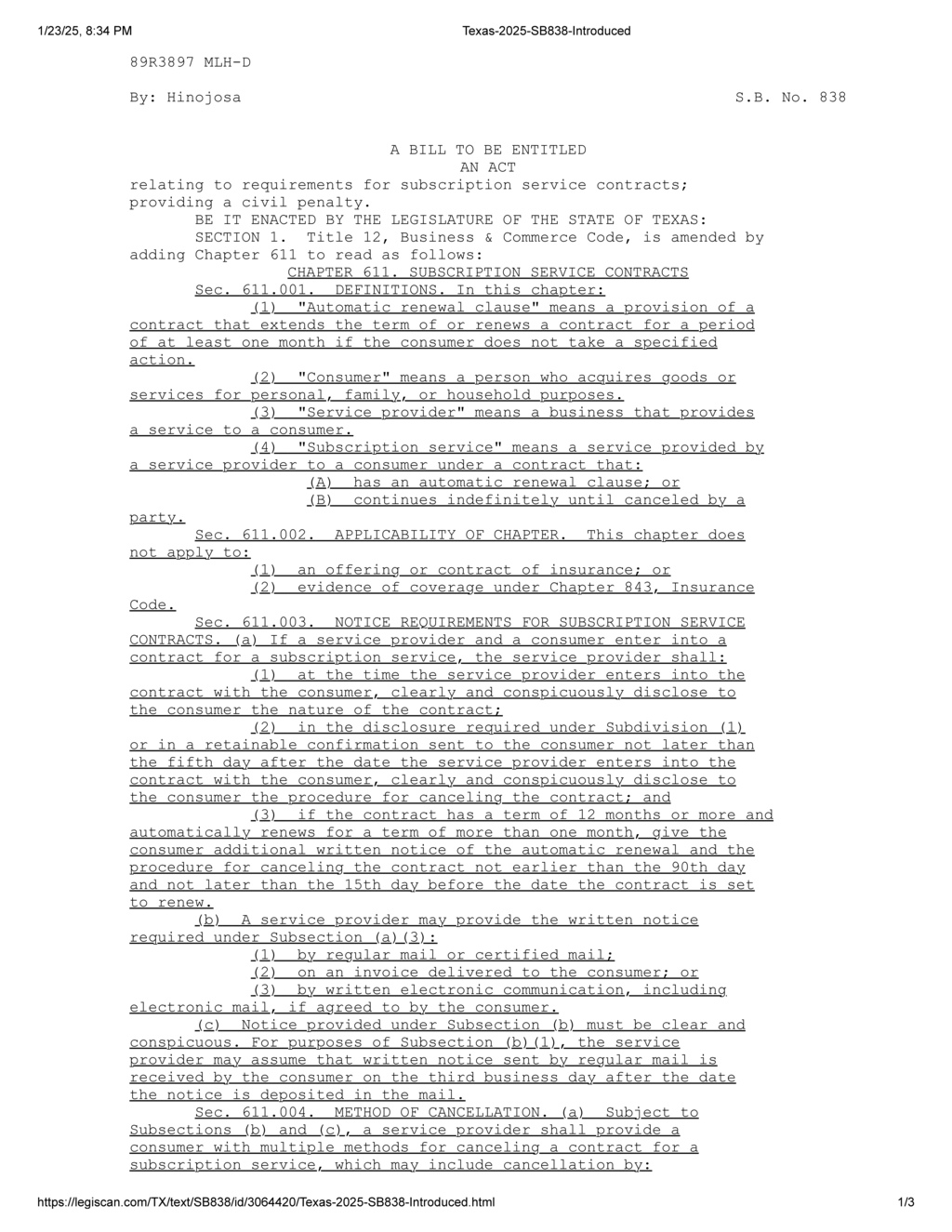 Texas bill mandates consumer-friendly cancellation procedures for subscription services