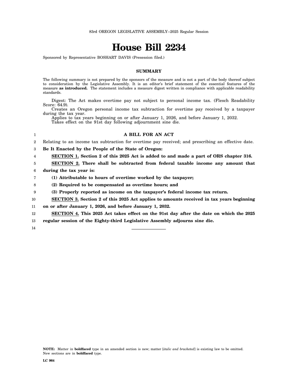 Oregon House Bill 2234 exempts overtime pay from personal income tax starting 2026