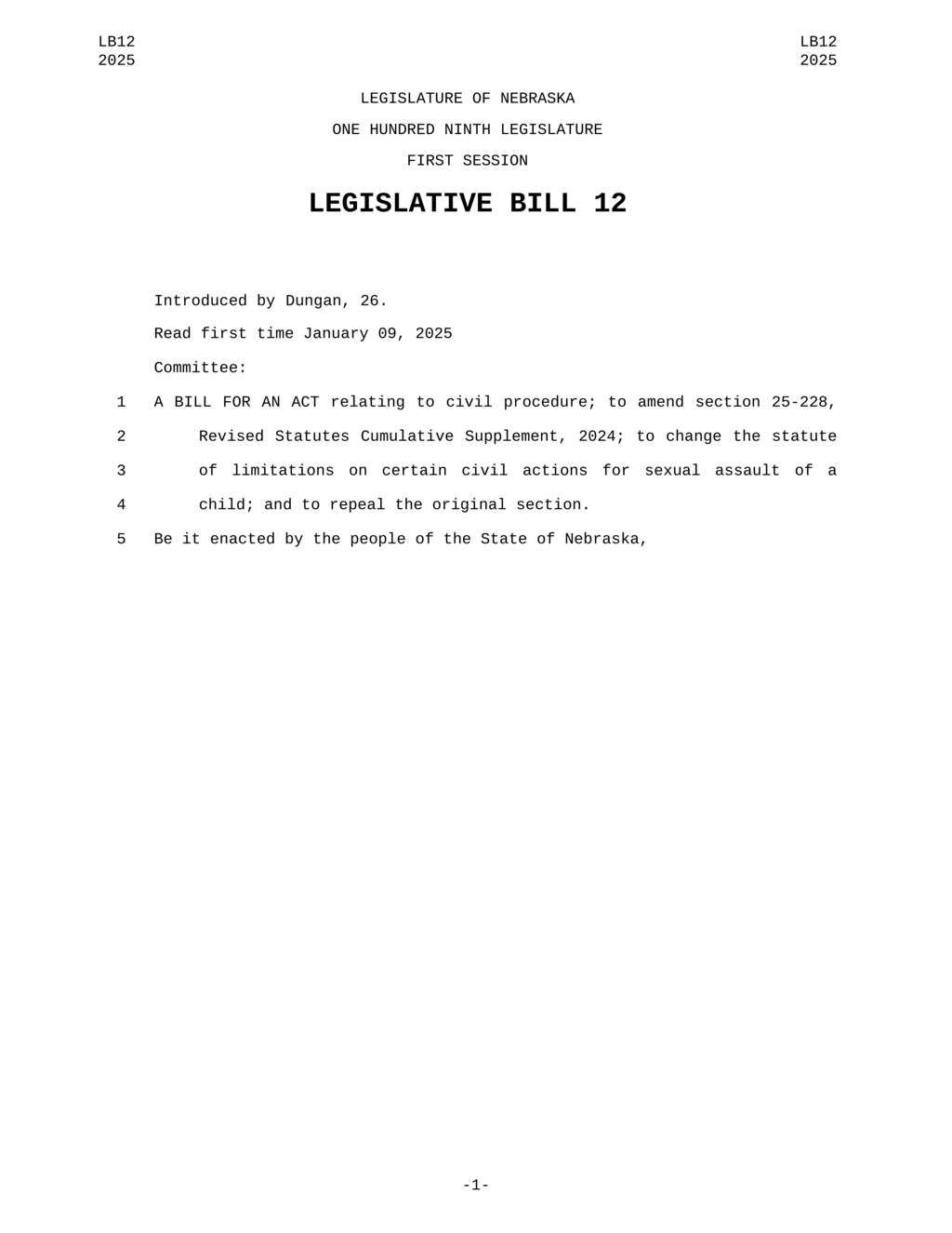 Nebraska Legislature introduces bill to change child sexual assault statute of limitations