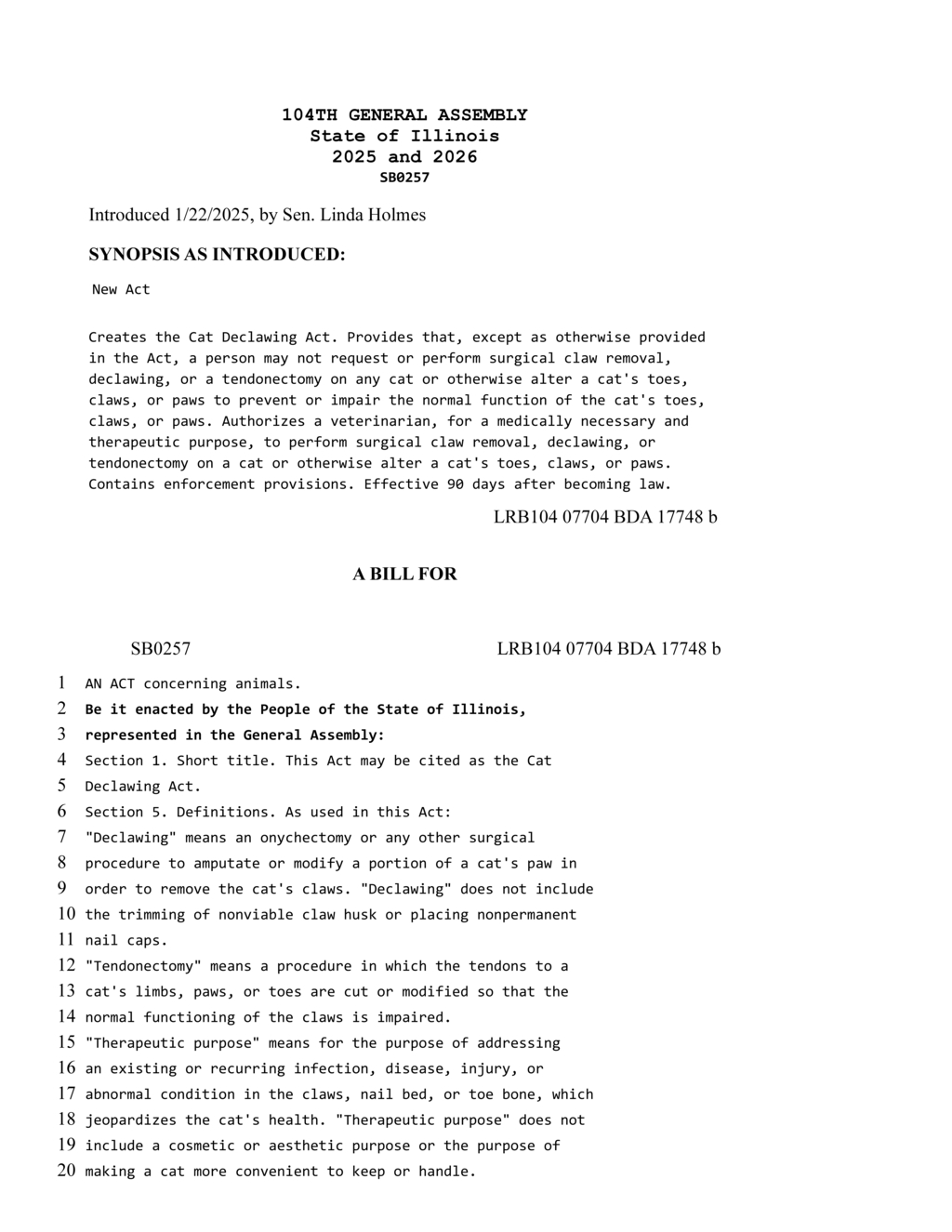 Illinois enacts ban on cat declawing with specific enforcement guidelines