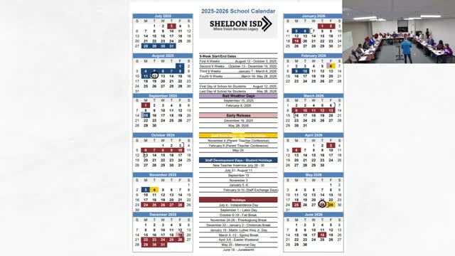 Sheldon ISD proposes earlier 2025–26 start, October fall break and PD flex days in draft calendar