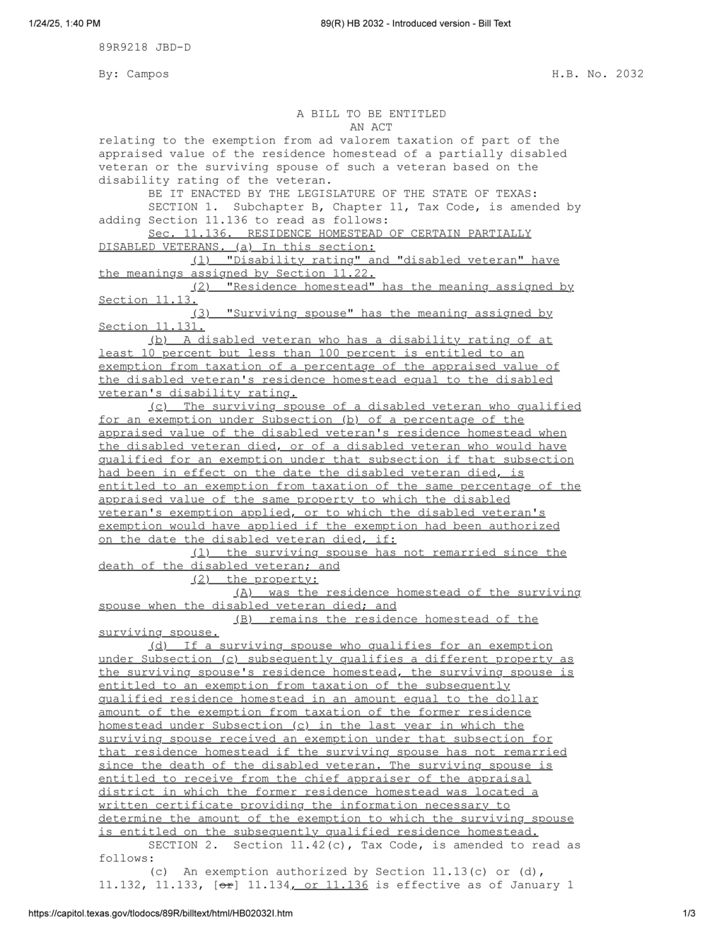 Texas House amends Tax Code for disabled veterans and property tax exemptions