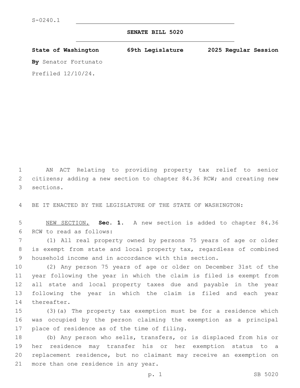 Washington State enacts law exempting property taxes for residents aged 75 and older